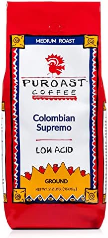Puroast Low Acid Coffee Ground Colombian Supremo, Medium Roast, Certified Low Acid Coffee, 5.5+ pH, Gut Health, 2.2 LB, Higher Antioxidant, Smooth for Espresso, Iced Coffee