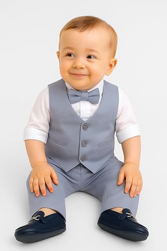 Image of Baby Boys Vest Suit Cotton Linen 4 Piece Formal Wedding Birthday Set