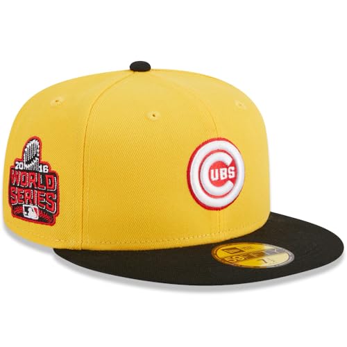 New Era Chicago Cubs 59FIFTY 2016 World Series Champions Side Patch Fitted Cap, Hat (US, Numeric, 7 1/8, Cub Yellow)