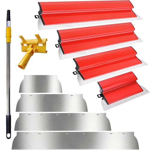 [10 PCS] Drywall Skimming Blade Set Professional Skimming Blades 10 16 24&32 with 0.3 & 0.5mm Stainless Steel and 1.2M Telescopic Rod Drywall Finishing Tools for Wallboard & Plasterboard