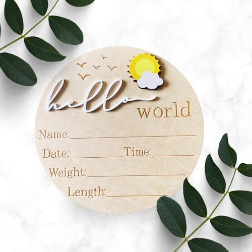 Hello World 3D Baby Announcement Wooden Disc – Sun & Cloud Newborn Keepsake Plaque – Gender Neutral Birth Stats Sign – for New Parents