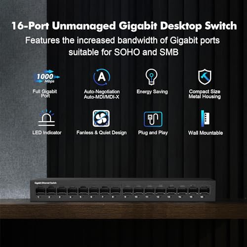 Image of 16 Port Gigabit Switch, 16 x 100 /1000Mbps Ports, Metal Unmanaged Fanless Pluy and Play YuLinca Network Switch
