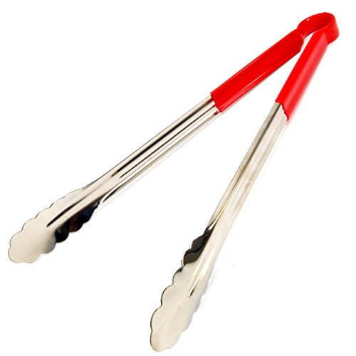 Hometeq 12" Stainless Steel Scalloped Bbq Tongs With Silicone Red Handle Kitchen Food Clamp Serving Tongs Easy Clean For Vegetable Bbq Cake Bread #TOP4