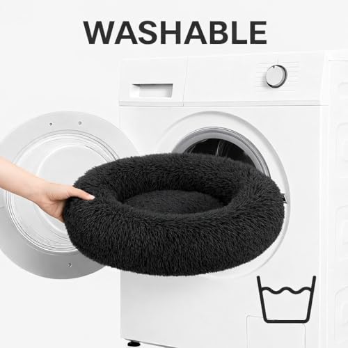 Image of ZEXSAZONE Black Plush Dog Bed Summer - Anti-Anxiety Round Donut Pet Bed with Raised Edges | Soft Faux Fur Calming Bed for Puppies, Cats & Small Dogs | Machine Washable