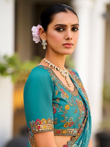 Image of Satrani Women's Georgette Bandhani Printed Sequence Lace Work Scalloped Border Saree with Unstitched Blouse Piece
