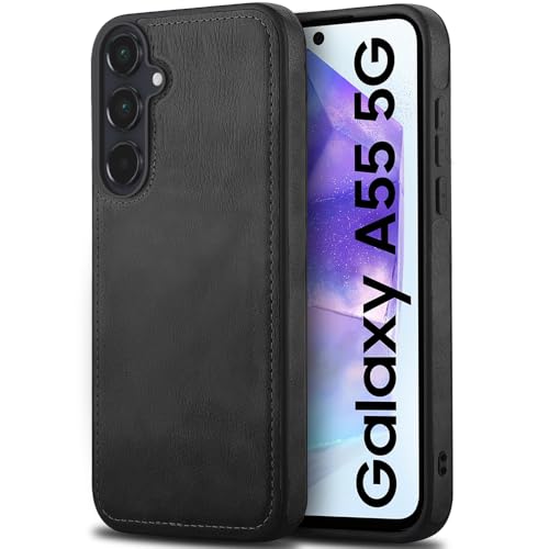 Image of TheGiftKart Genuine Leather Finish Back Cover Case for Samsung Galaxy A55 5G | Shockproof Design | Raised Edges for Camera & Screen Protection | Stunning Minimalist Case Cover for Samsung A55 (Black)