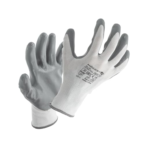 Högert Technik Guantes de protección GLAN con revestimiento de nitrilo, color blanco/gris, talla 10, resistentes a desgarros y pinchazos, ideales para trabajos de montaje precisos, respetuosos con el