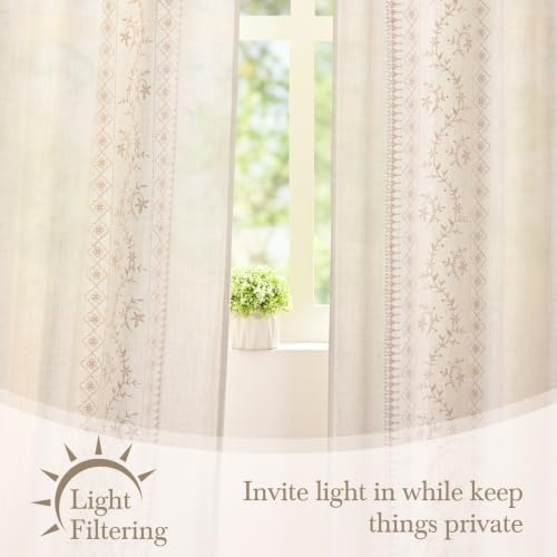 Image of Yinhua Boho Curtains for Living Room 84 Inch Long Beige Embroidered Floral Bedroom Curtains, Farmhouse Light Filtering Window Curtain Rod Pocket & Back Tab Drapes, 52 inch W x 84 inch L, 2 Panels