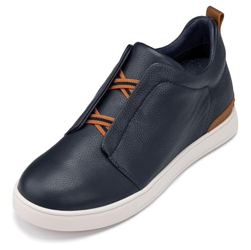 CALTO Men's Invisible Height Increasing Elevator Shoes - Navy Lightweight Slip-on Pebble Grain Leather Snoafers - 2.6 Inches Taller - J1934 - Size 10.5 D(M) US