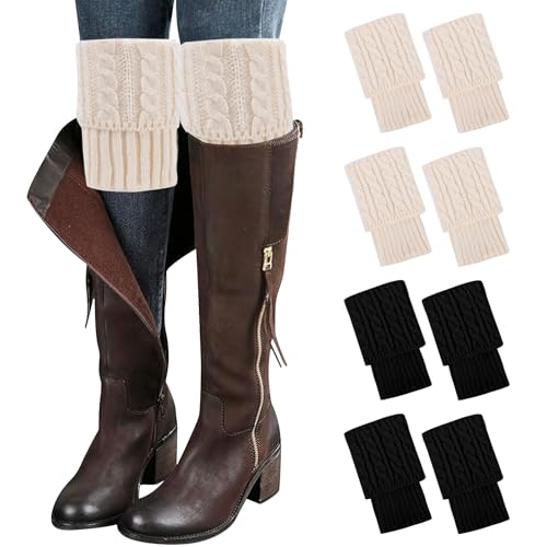 Mayoii Stulpen für Frauen, Winterliche warme Bootssocken, Kurze Beinwärmer Boot-Topper-Socken (Schwarz + Beige)