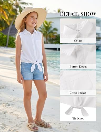 Image of Noomelfish Girls Sleeveless Button Down Shirt Tie Knot Blouse Western Cowgirl Outfit (5-12 Years)
