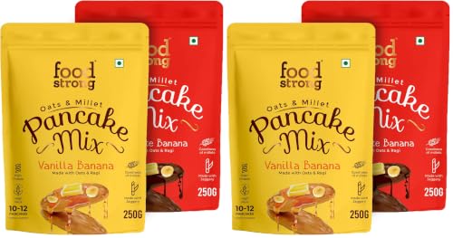 Image of Foodstrong Oats & Millets Vanilla Banana & Chocolate Banana Waffle & Pancake Mix, Source of Fibre & Protein, No Maida, No Refined Sugar - With Jaggery, Eggless Instant Breakfast Mix 250g x Pack of 4