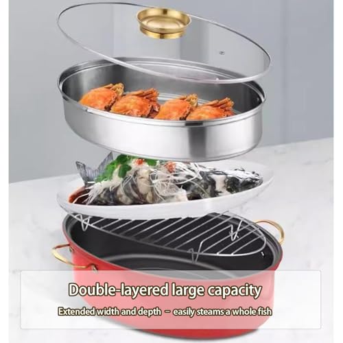 Pentola a vapore per pesce in acciaio inox, versatile per cuocere a vapore frutti di mare e arrostire tacchino, pentola ovale resistente con griglia, ideale per cucinare in casa (rosso)
