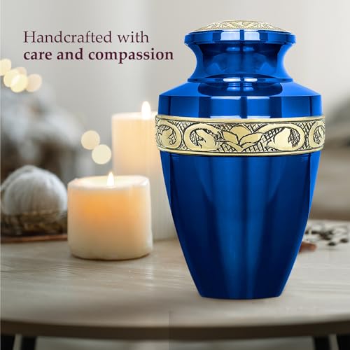 Image of Trupoint Memorials Cremation Urns for Human Ashes, Funeral Memorial Urn for Male and Female, Decorative Burial Grecian Urn Collection for Adult Men & Women - Grecian Blue and Gold, Adult (200LB)