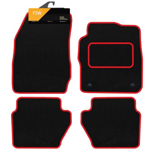 FSW - Tailored Mats - Fits Ford Fiesta Mk7 2011-2017 - Black Carpet - Anti Slip Mat - Car Floor Mat, Fitted With Clips & Granulated Backing - 4 Pc Floor Mat - 2 Clips - Red Trim
