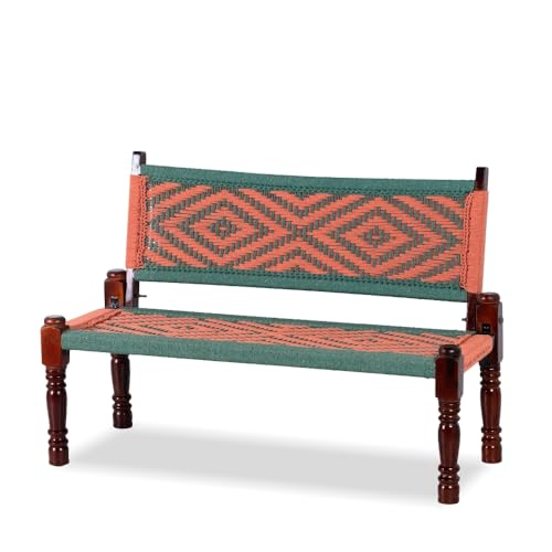 Image of Srima Wooden Bench for Living Room | Handcrafted Sheesham Wood Backrest Bench for Balcony & Garden | Traditional Rajasthani Patio for Outdoor with Cotton Handwoven Rope | Green and Orange