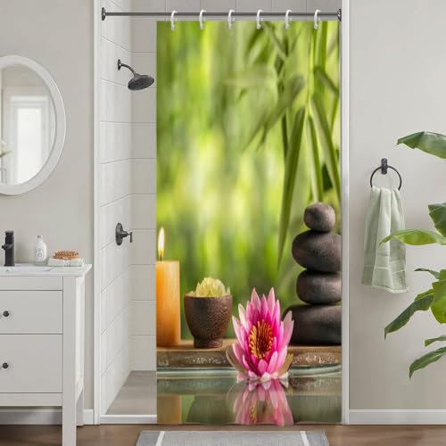 Uiiooazy Cortina de ducha estrecha 90 x 180 cm, cortina de ducha antimoho, hojas verdes, piedras grises, flores de loto, cortinas de ducha, tela lavable, resistente al agua, poliéster, cortina de baño