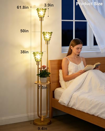 Image of 3-Light Modern Glass Floor Lamp with Shelf, Gold Tall Standing Lamp with Green Flower Glass Shade, LED Floor Lamp with Foot Switch& 5Lbs Heavy Base for Living Room Bedroom, Bulb Included