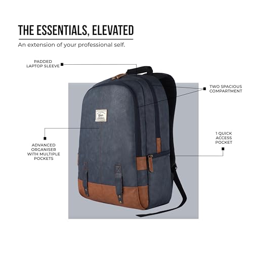Image of Gear Classic 19 inch /23L Medium Faux Leather (without Anti Theft) Water Resistant Laptop Backpack /Casual Backpack /Daypack /Travel Backpack /College Bag For Men /Women (Navy-Tan)