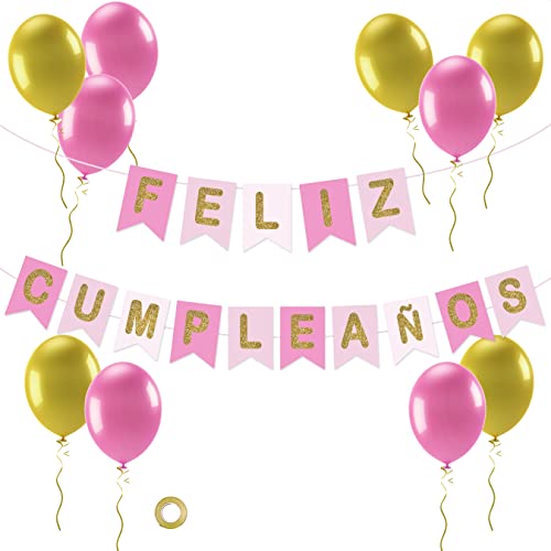 Decoración de Cumpleaños con Guirnalda de Feliz Cumpleaños en Español Para Fiestas Infantiles / Set de Decoración para Fiesta de Cumpleaños con 10 Globos Rosas y Dorados y Guirnalda de Cumpleaños.