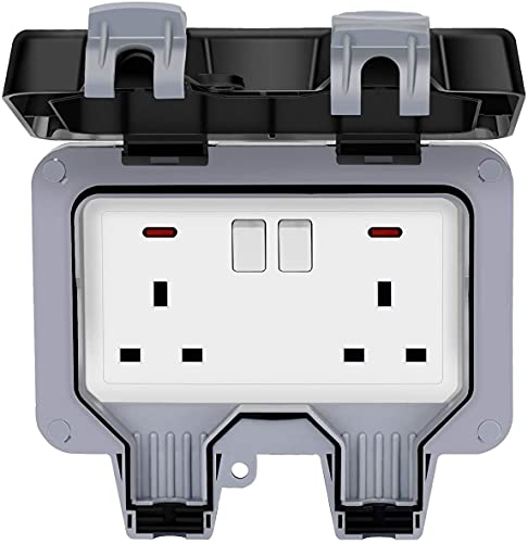 Moonmen Outdoor Sockets Weatherproof, Wall Electrical Outlets, 13A IP66 Outside Plug sockets Waterproof Cover Switched Socket (Double Socket)