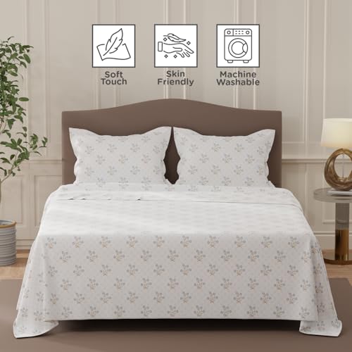 Image of Layers 100% Cotton Bedsheet for Double Size Bed | Lumina Floret Collection | 144 TC Soft & Breathable | Floral Print with 2 Pillow Covers | Wrinkle Free | 3 Piece Bedding Set - Blue & White