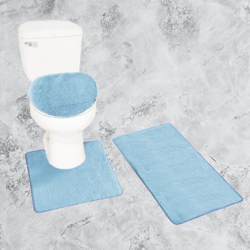 3 Piece Chenille Bath Rug Set Non Slip Medium Rug Countour Rug and Toilet Lid Cover #6 (Light Blue)