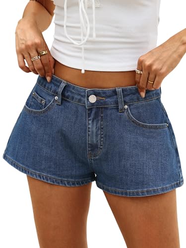 ELLEVEN Baggy Jean Shorts Women Denim Low Rise Mini Shorts Micro Y2k Wide Leg Stretchy Cute Summer Casual Loose Going Out Jorts Small Blue