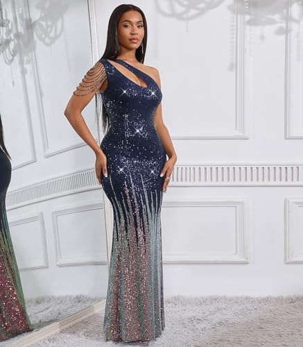 Image of Cololura Women Sequin Elegant Sexy One Shoulder Tassel Mermaid Bodycon Cocktail Evening Dress