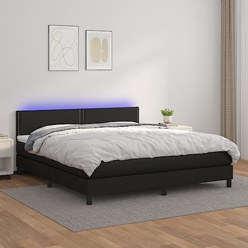 Vetnasa Cama Box Spring colchón y LED Cuero sintético Negro 160x200 cm Mobiliario, Camas y Accesorios, Camas y somieres Negro 69,04 KG