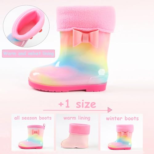 Mnplciea Winter Rainbow Toddler Rain Boots Girls Rain Boots with Warm Lining, Kids Bow Waterproof Boots4