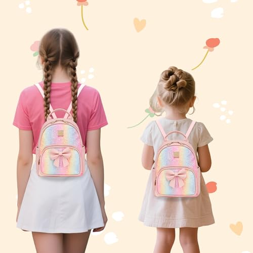 Image of I IHAYNER Mini Backpcak for Girls Small Bowknot Quilted Leather Backpack Purse for Women Travel Cute Trendy Stuff Gifts for Kids Rainbow