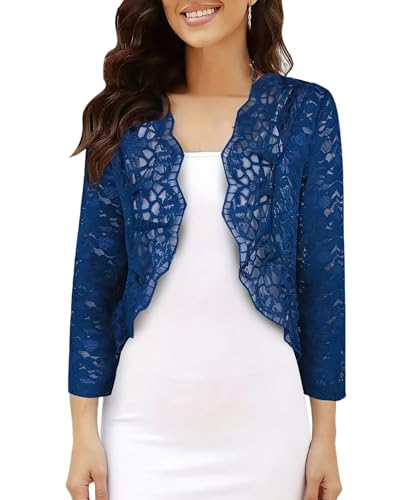 Bolero De Encaje para Mujer Cárdigan Corto con Frente Abierto Mangas 3/4 Top Corto Vestidos De Malla Transparente De Verano para Bodas Novias Damas De Honor Noche Azul Real XXL