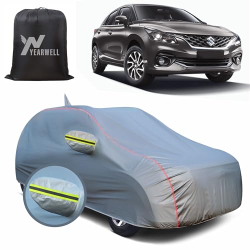 Image of Car Body Cover for Maruti Baleno (2022 to 2025), 100% Waterproof, Heat-Resistant with Mirror & Antenna Pockets, Soft Cotton Lining, Triple Stitched, Green Reflector (Metallic Grey)