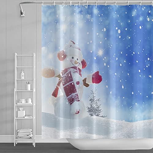 SDOTPMT 105x160cm Cute Snowman Shower Curtain Christmas Tree Ball Red White Stripes Hat Scarf Bath Curtain Snowflake Wooden Plank Bathtub Curtain for Kids Bathroom Fabric Polyester with Hooks