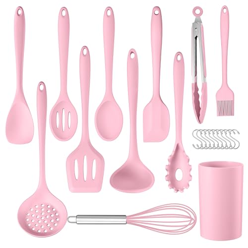 Herogo Juego de utensilios de cocina, 22 piezas de silicona con soporte para utensilios, utensilios de cocina resistentes al calor, saludables y antiadherentes, aptos para lavavajillas, color rosa