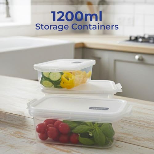 Image of Set of 3 Meal Prep Food Storage Containers 1200ml Each | Airtight Leakproof Stackable BPA Free Plastic Fridge & Freezer Organizer Boxes for Kitchen Storage White