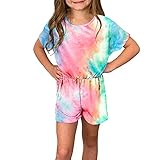 FEESHOW Kinder Mädchen Jumpsuit Sommer Loose Overall Kurz/Lang Hosenanzug mit Tie Dye Muster Casual Sportanzug Loungewear Rosa 122-128/7-8 Jahre