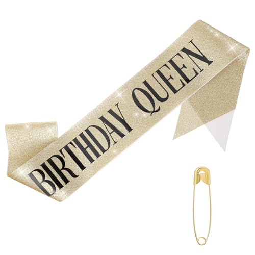 Birthday Queen Sash, Glitter Gold Birthdays Queen Sash with Safety Pin, Happy Birthday Gifts Sashs Party Favors Accessories for Women GIrls(Gold with Black Lettering)