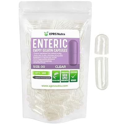 XPRS Nutra Size 00 Empty Capsules - 100 Count Clear Enteric Coated Empty Gelatin Capsules - Delayed Release Pills - DIY Capsule Filling - Pure Bovine Empty Enteric Gel Caps