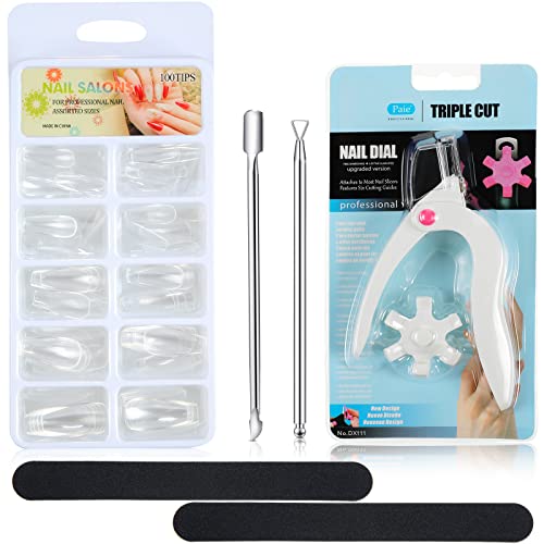 5 Pieces Nail Design Tools Nail Clipper Kit, Includes False Nail Cutter, Nail File, Cuticle Pusher, Cuticle Remover and 100 Pieces False Nails Artificial Nails for Manicure Nail Design
