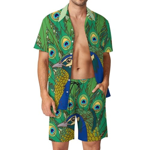 Chemise Hawaïenne Hommes et short de plage motif paon vert pour vos vacances d'été