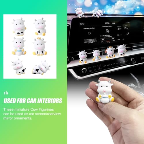 6 Pack Cute Cow Car Dashboard Mini Ornaments, Vehicle Rearview Mirror&Dash, TouchScreen Top/Office Desk/Home Funny Adorable Rear View Decor, Cars Interior Accessories for Women Men(Silver Horned Cow)