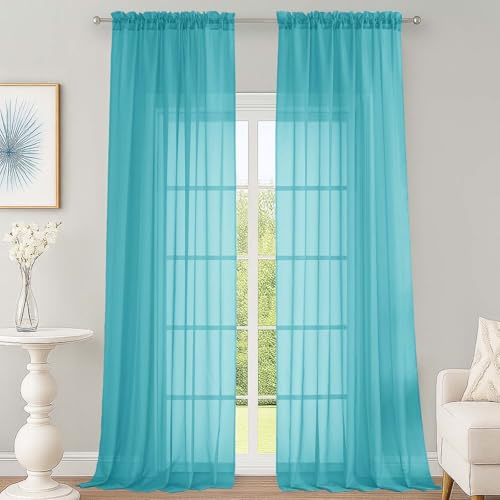 Image of OWENIE Turquoise Sheer Curtains 120 Inches Long 2 Panels Set, Airy Lightweight Sheer Turquoise Curtain for Living Room Bedroom, Farmhouse Voile Filmy Rod Pocket Curtains Drapes, 2 Pcs, Each 59 inchWx120 inchL