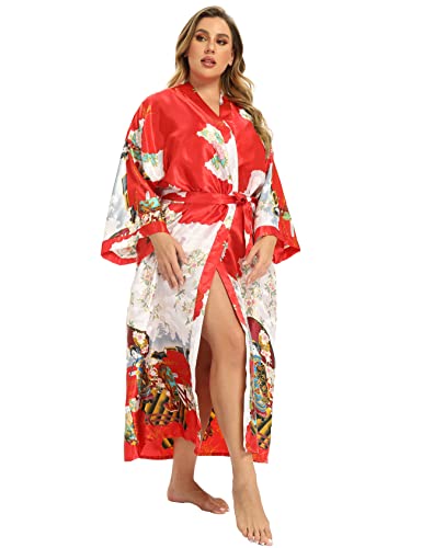 Image of Women's Floral Long Satin Robes Plus Size Long Silk Robes Peacock Floral Kimonos Sleepwear Dressing Gown