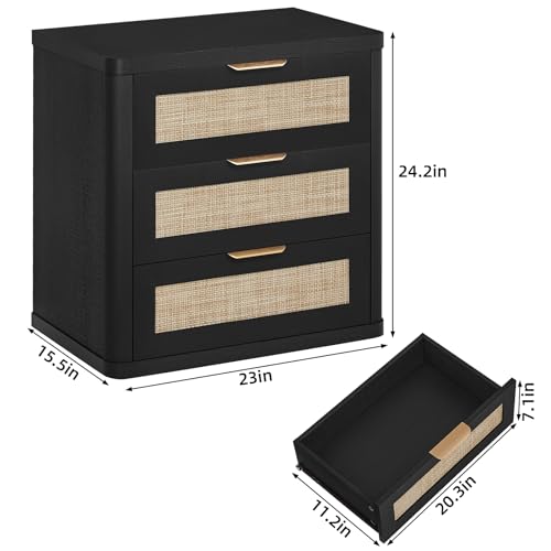 Image of LEYAOYAO Rattan Night Stand Set of 2 with Drawers, 23 inch Large 3 Drawer Boho Nightstand, Natural Wood Bedside Table Storage Cabinet, Bed Side End Tables Dresser for Bedroom, Living Room, Hallway, Closet