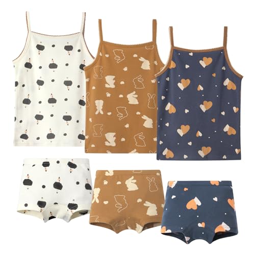 Girls Tank top Undershirt Set with Briefs, 6 Piece Pattern Collection Soft Matching Cotton Cute Carton Printing