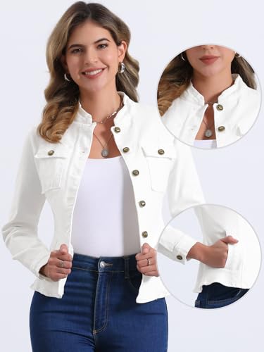 Veste en jean col montant Allegra K blanc Medium au style intemporel
