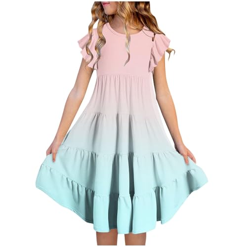 Girls Tween Dresses Gradient Color Double Layer Ruffle Sleeve Flowy A-Line Casual Midi Dresses for Birthday Party