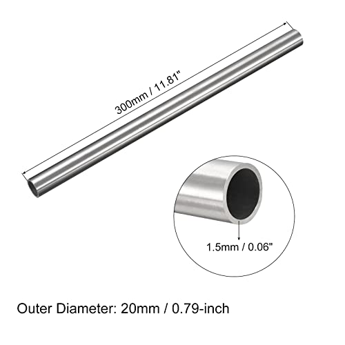 QUARKZMAN 304 Edelstahl Rohr 20mm Außendurchmesser, Runde Nahtlose Edelstahlrohr 1.5mm Wandstärke, Edelstahl Gerade Rundrohr 300mm Länge, Silber Metallrohr für Industrie Heim Gartendeko